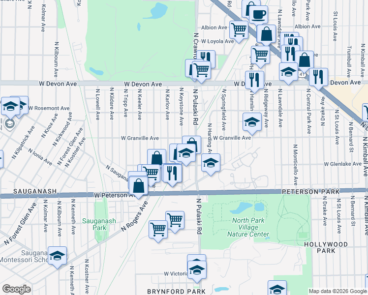 map of restaurants, bars, coffee shops, grocery stores, and more near 4044 West Glenlake Avenue in Chicago