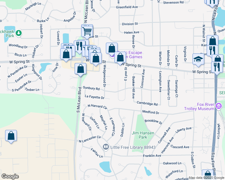 map of restaurants, bars, coffee shops, grocery stores, and more near 1072 La Fayette Drive in South Elgin