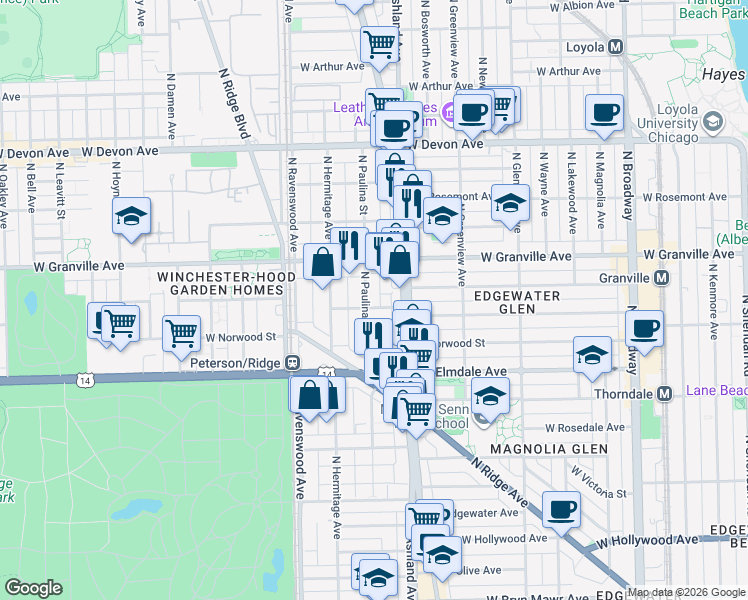 map of restaurants, bars, coffee shops, grocery stores, and more near 6058 North Paulina Street in Chicago