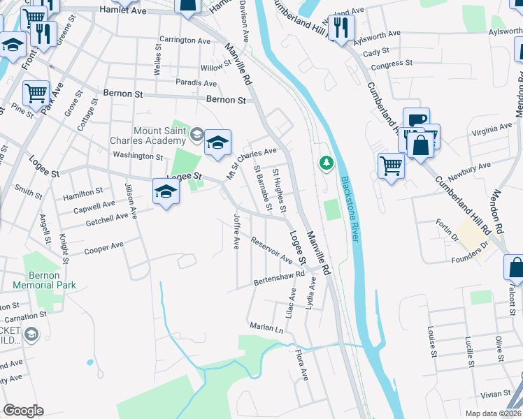 map of restaurants, bars, coffee shops, grocery stores, and more near 24 Glendale Avenue in Woonsocket