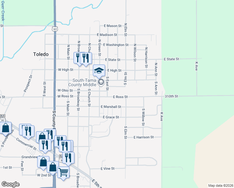 map of restaurants, bars, coffee shops, grocery stores, and more near 610 East Ross Street in Toledo