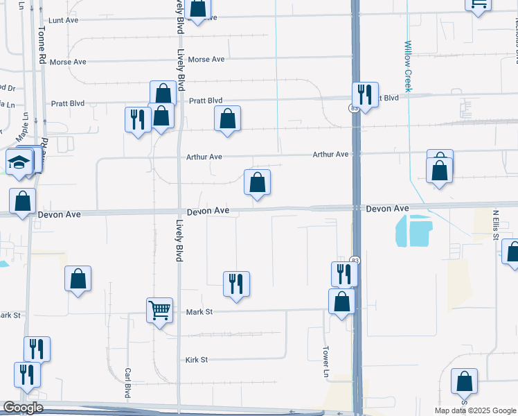 map of restaurants, bars, coffee shops, grocery stores, and more near 1400 Devon Avenue in Elk Grove Village