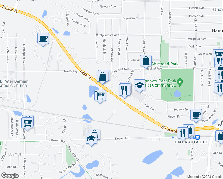 map of restaurants, bars, coffee shops, grocery stores, and more near 2290 Breezewood Terrace in Hanover Park