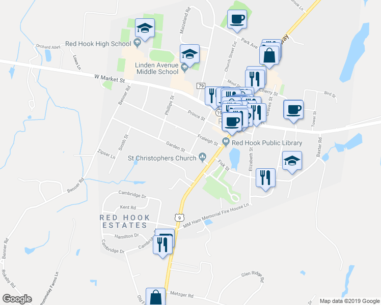 map of restaurants, bars, coffee shops, grocery stores, and more near 55 Church Street in Red Hook