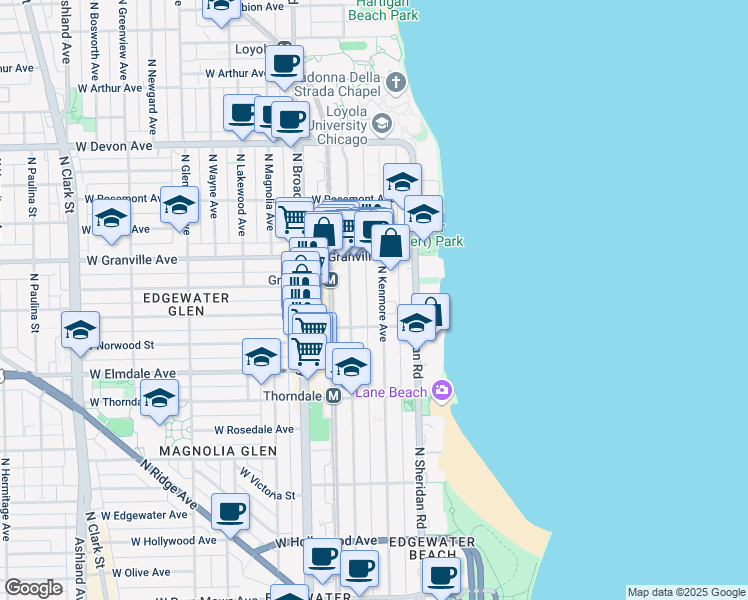 map of restaurants, bars, coffee shops, grocery stores, and more near 6106 North Kenmore Avenue in Chicago