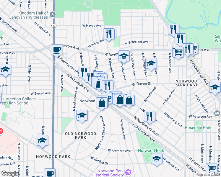 map of restaurants, bars, coffee shops, grocery stores, and more near 6815 West Raven Street in Chicago
