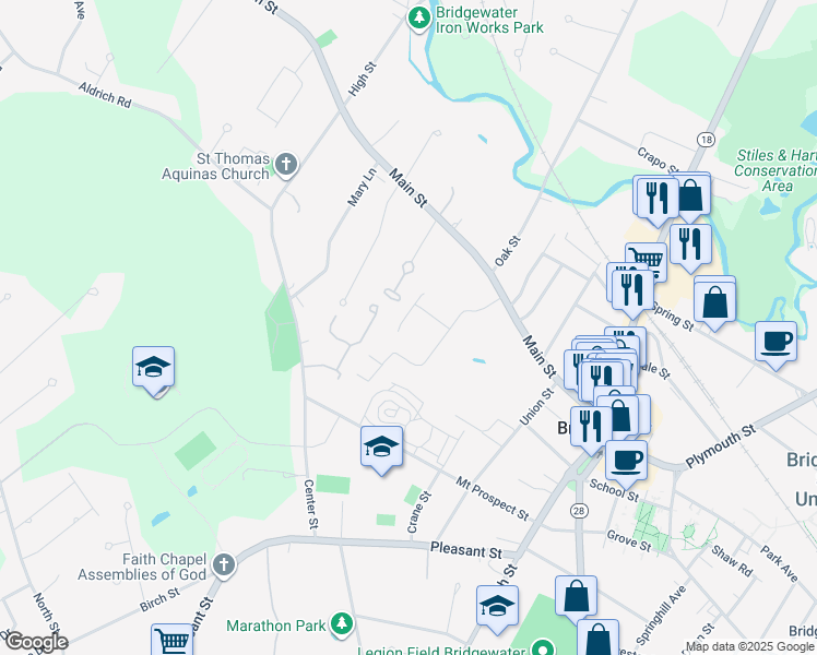 map of restaurants, bars, coffee shops, grocery stores, and more near 180 Main Street in Bridgewater