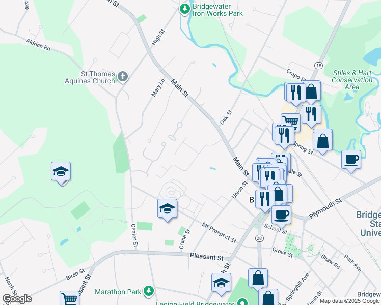 map of restaurants, bars, coffee shops, grocery stores, and more near 180 Main Street in Bridgewater