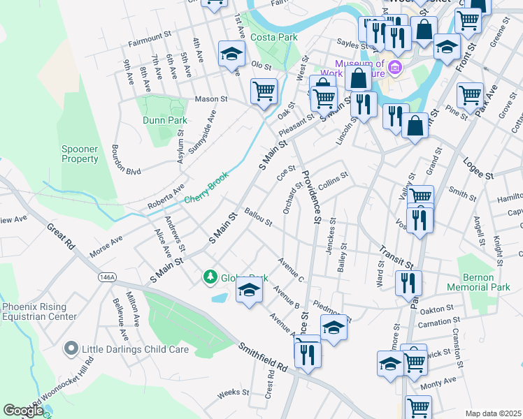map of restaurants, bars, coffee shops, grocery stores, and more near 95 Ballou Street in Woonsocket