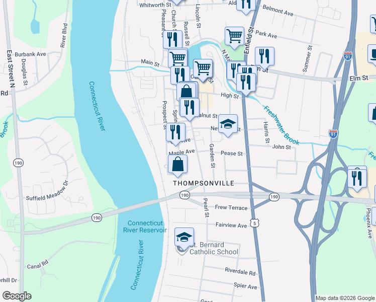 map of restaurants, bars, coffee shops, grocery stores, and more near 146 Pearl Street in Enfield