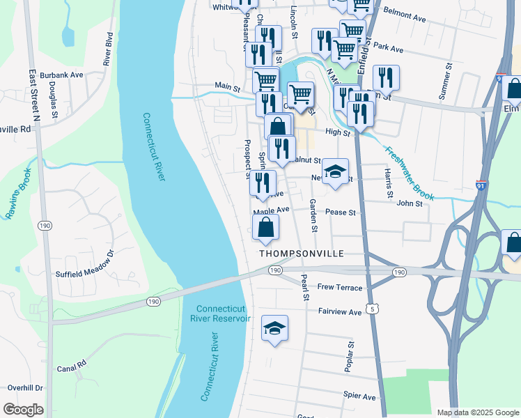 map of restaurants, bars, coffee shops, grocery stores, and more near 136 Spring Street in Enfield