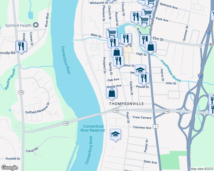 map of restaurants, bars, coffee shops, grocery stores, and more near 107 Prospect Street in Enfield