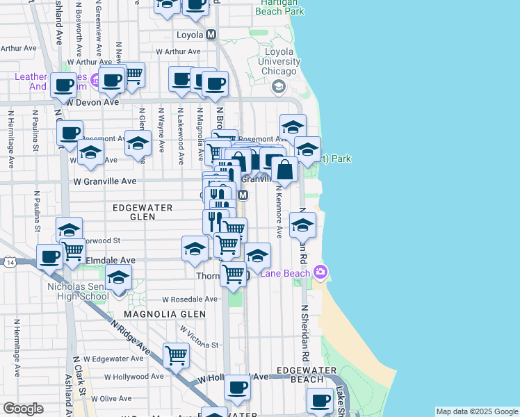 map of restaurants, bars, coffee shops, grocery stores, and more near 6102 North Winthrop Avenue in Chicago