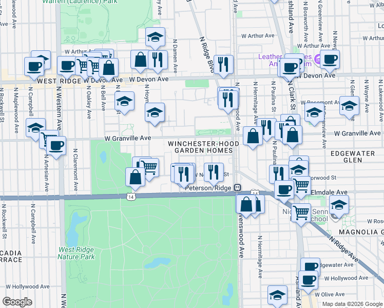 map of restaurants, bars, coffee shops, grocery stores, and more near 6121 North Damen Avenue in Chicago