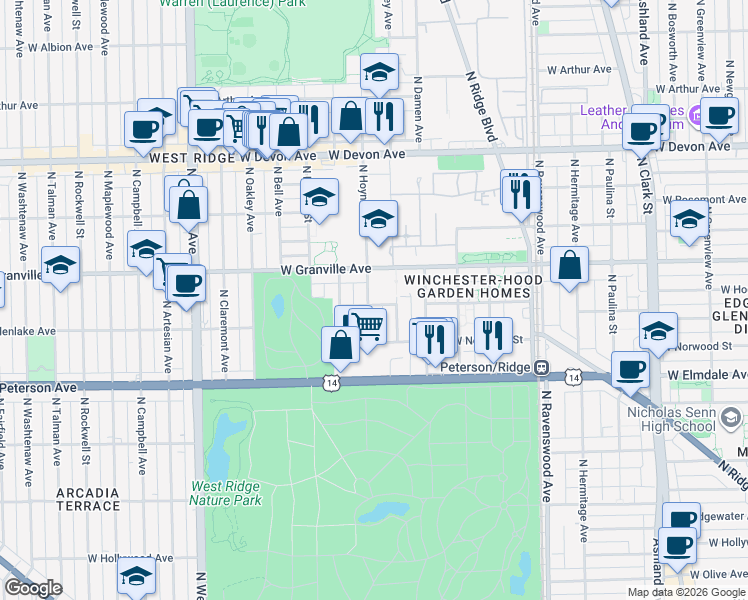 map of restaurants, bars, coffee shops, grocery stores, and more near 6120 North Hoyne Avenue in Chicago