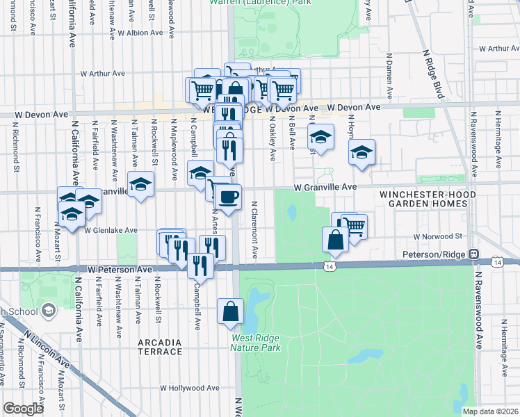 map of restaurants, bars, coffee shops, grocery stores, and more near 6105 North Claremont Avenue in Chicago