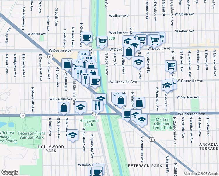 map of restaurants, bars, coffee shops, grocery stores, and more near 6100 North Kedzie Avenue in Chicago