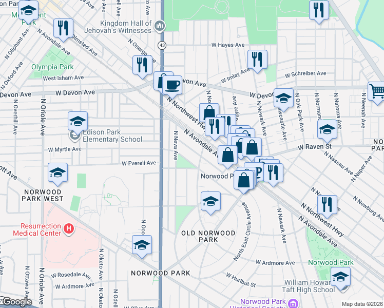 map of restaurants, bars, coffee shops, grocery stores, and more near 6109 North Northcott Avenue in Chicago