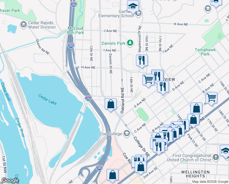 map of restaurants, bars, coffee shops, grocery stores, and more near 1349 G Avenue Northeast in Cedar Rapids