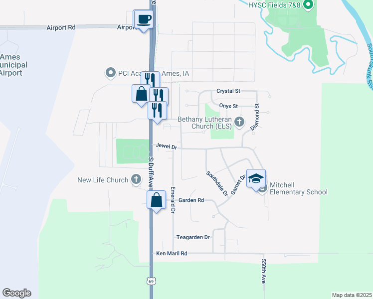 map of restaurants, bars, coffee shops, grocery stores, and more near 3316 Opal Drive in Ames