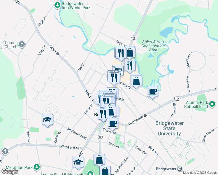 map of restaurants, bars, coffee shops, grocery stores, and more near 21 Stetson Street in Bridgewater