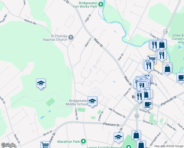 map of restaurants, bars, coffee shops, grocery stores, and more near 180 Main Street in Bridgewater