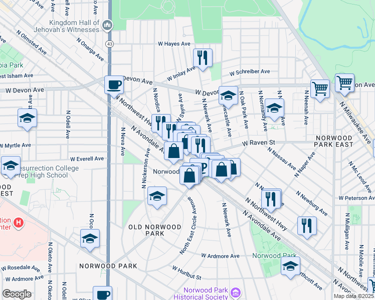 map of restaurants, bars, coffee shops, grocery stores, and more near 6100 North Northwest Highway in Chicago
