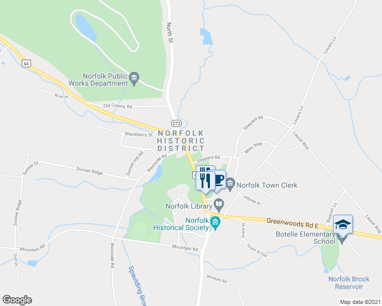map of restaurants, bars, coffee shops, grocery stores, and more near 58 Greenwoods Road West in Norfolk