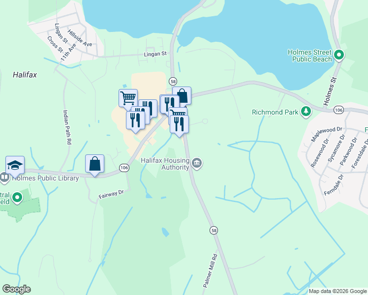 map of restaurants, bars, coffee shops, grocery stores, and more near 254 Monponsett Street in Halifax
