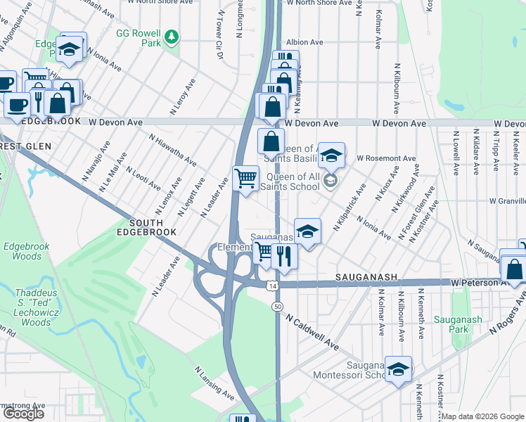 map of restaurants, bars, coffee shops, grocery stores, and more near 6139 North Cicero Avenue in Chicago