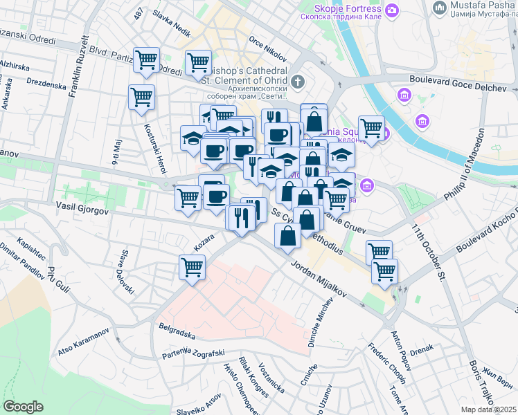 map of restaurants, bars, coffee shops, grocery stores, and more near Mito Hadzivasilev Jasmin in Skopje