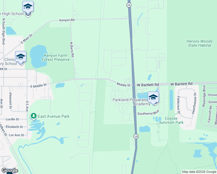 map of restaurants, bars, coffee shops, grocery stores, and more near Middle Street in South Elgin