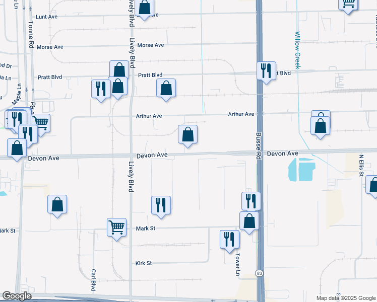 map of restaurants, bars, coffee shops, grocery stores, and more near 1400 Devon Avenue in Elk Grove Village