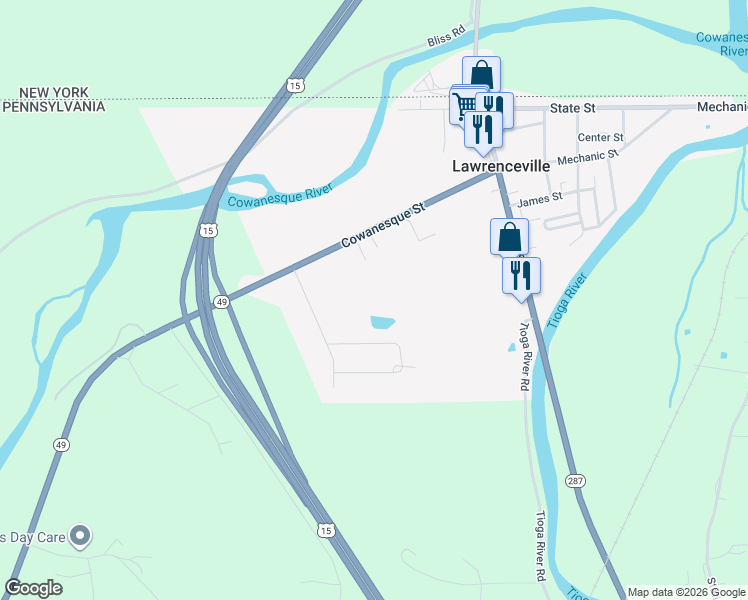 map of restaurants, bars, coffee shops, grocery stores, and more near 34 Cowanesque Street in Tioga