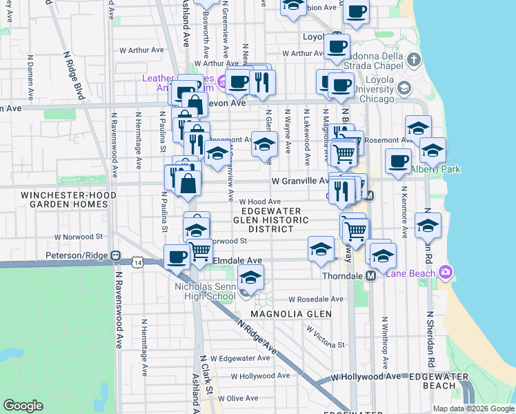 map of restaurants, bars, coffee shops, grocery stores, and more near 1414 West Hood Avenue in Chicago