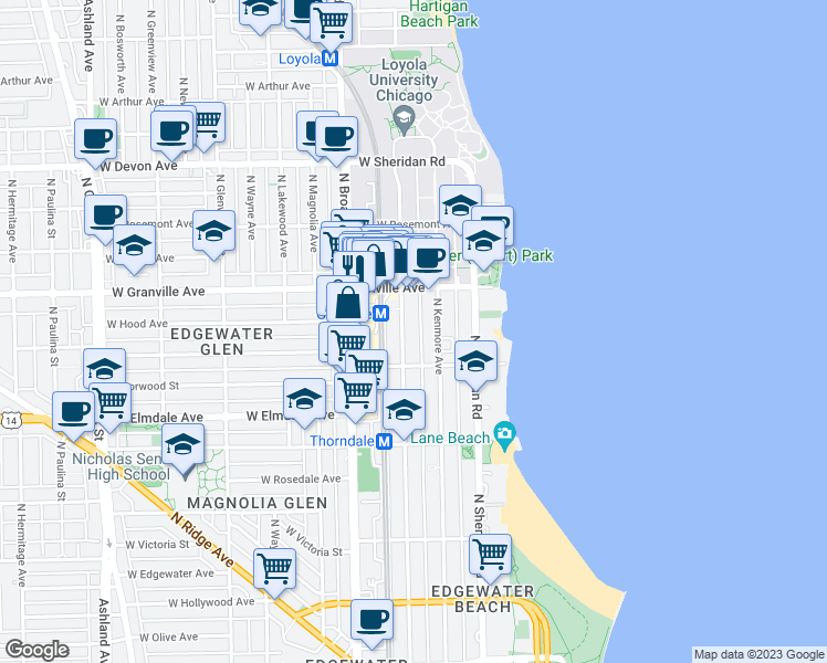 map of restaurants, bars, coffee shops, grocery stores, and more near 6131 North Winthrop Avenue in Chicago