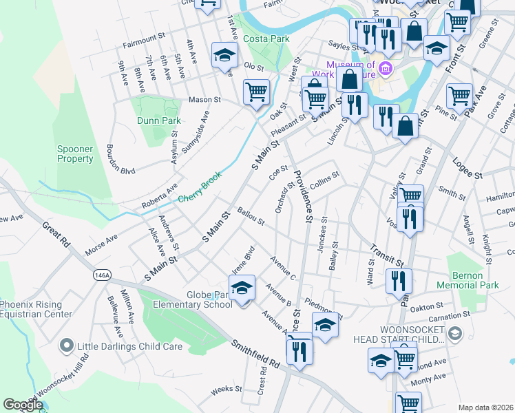 map of restaurants, bars, coffee shops, grocery stores, and more near 39 Wilbur Avenue in Woonsocket