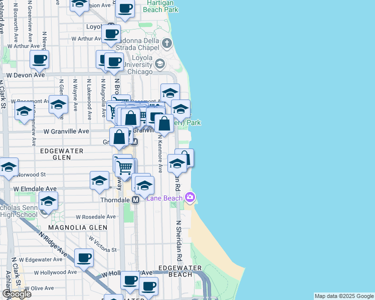 map of restaurants, bars, coffee shops, grocery stores, and more near 6157 North Sheridan Road in Chicago