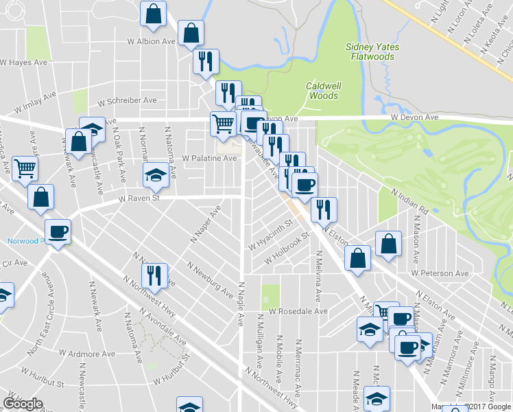 map of restaurants, bars, coffee shops, grocery stores, and more near 6325 West Raven Street in Chicago