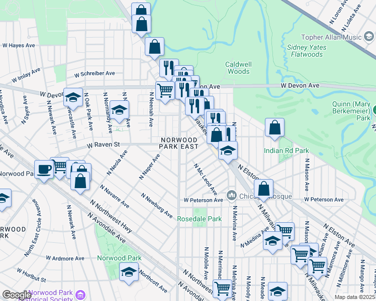 map of restaurants, bars, coffee shops, grocery stores, and more near in Chicago