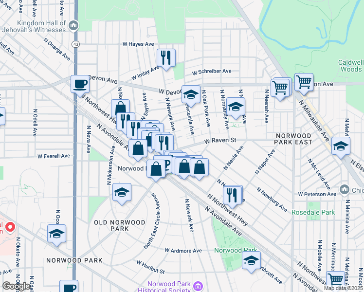 map of restaurants, bars, coffee shops, grocery stores, and more near 6235 North Newark Avenue in Chicago