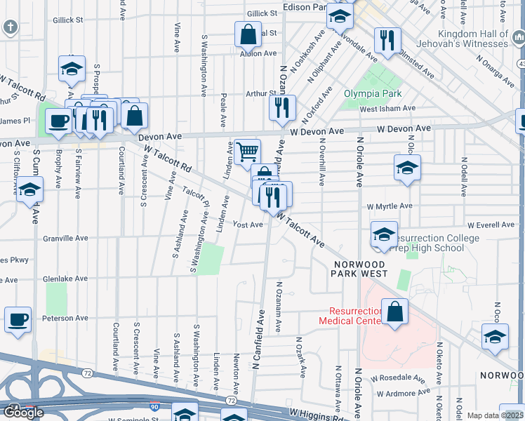 map of restaurants, bars, coffee shops, grocery stores, and more near 6221 Canfield Road in Park Ridge