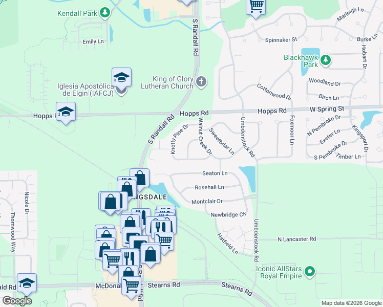 map of restaurants, bars, coffee shops, grocery stores, and more near 1425 Misthaven Lane in Elgin