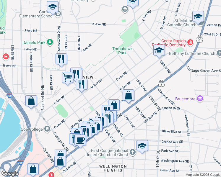 map of restaurants, bars, coffee shops, grocery stores, and more near 1744 C Avenue Northeast in Cedar Rapids