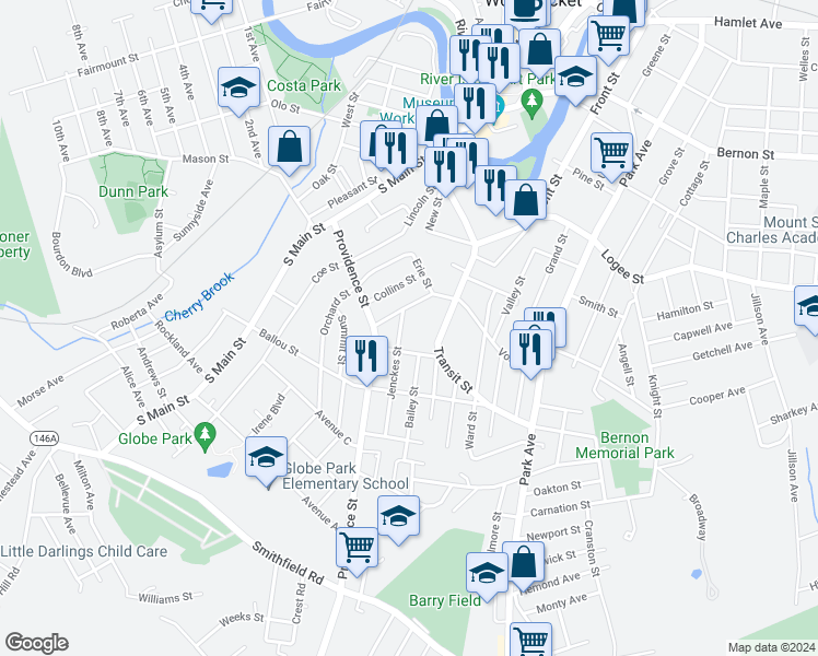 map of restaurants, bars, coffee shops, grocery stores, and more near 34 Jenckes Street in Woonsocket