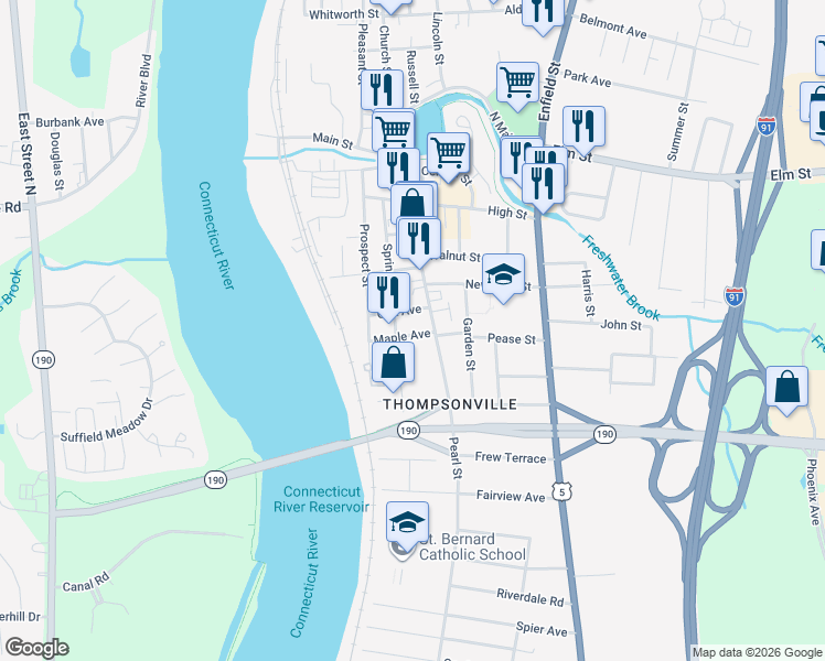 map of restaurants, bars, coffee shops, grocery stores, and more near 27 Oak Avenue in Enfield