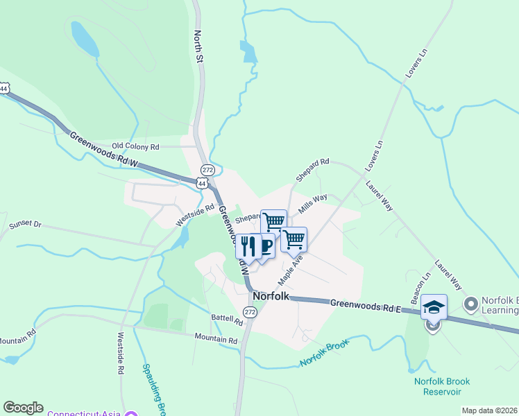 map of restaurants, bars, coffee shops, grocery stores, and more near 25 Shepard Road in Litchfield County