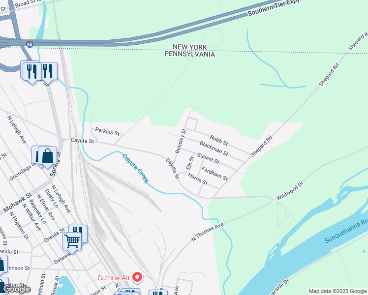 map of restaurants, bars, coffee shops, grocery stores, and more near 101 Sunset Street in Sayre