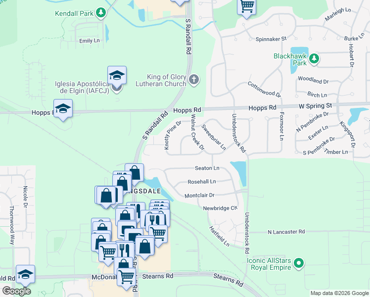map of restaurants, bars, coffee shops, grocery stores, and more near 1425 Misthaven Lane in Elgin