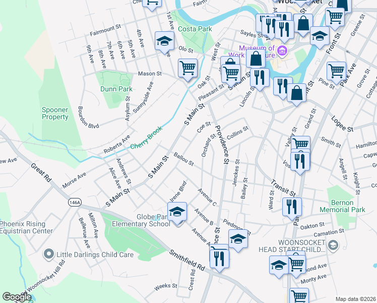 map of restaurants, bars, coffee shops, grocery stores, and more near 39 Wilbur Avenue in Woonsocket
